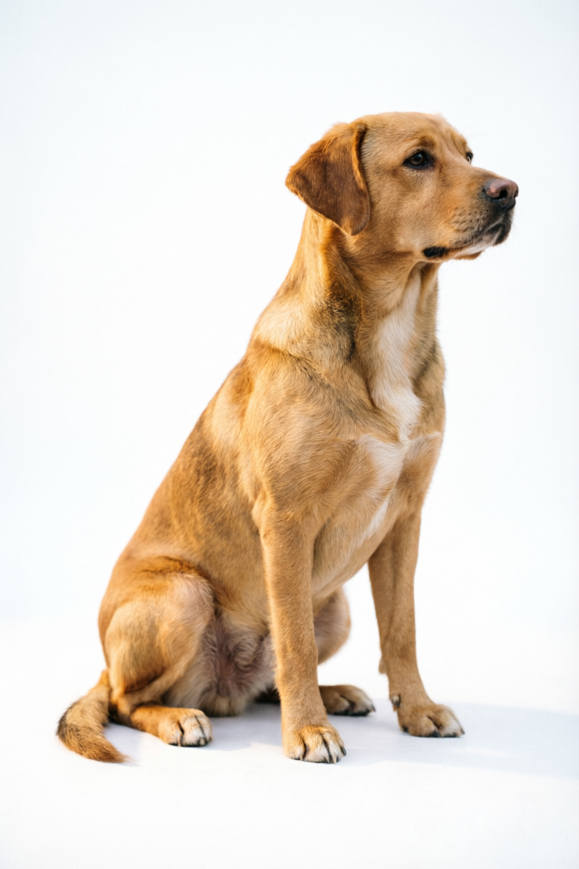 Original client photo of a dog, seated in profile on a white background