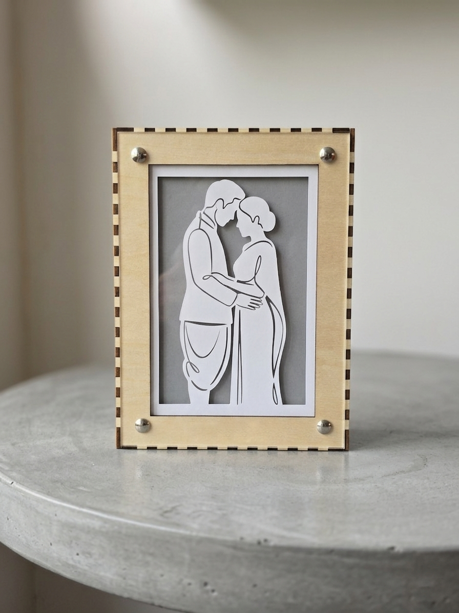 Laser-cut wooden line portrait of the couple at their wedding