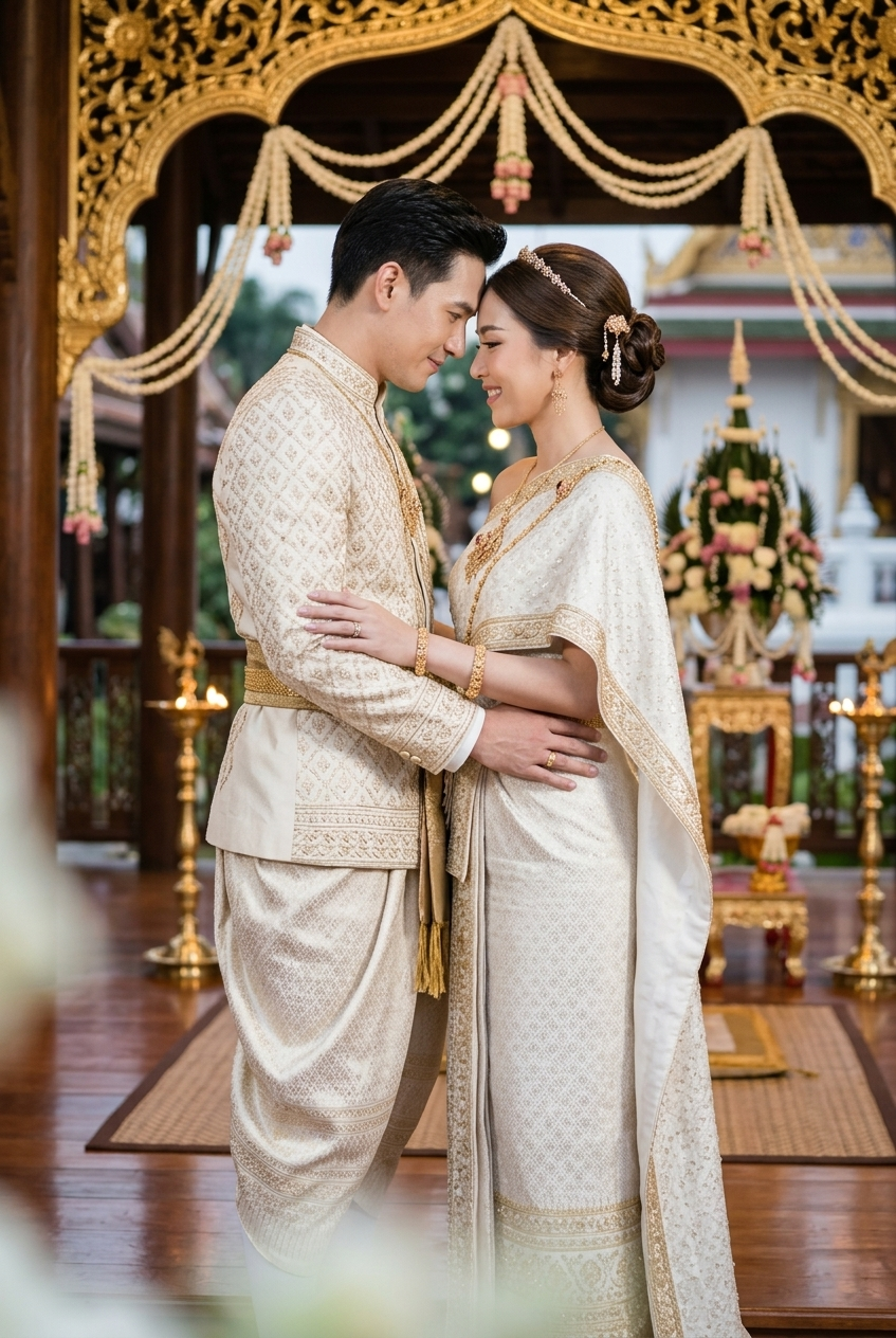 Original wedding photo of couple in traditional Thai attire